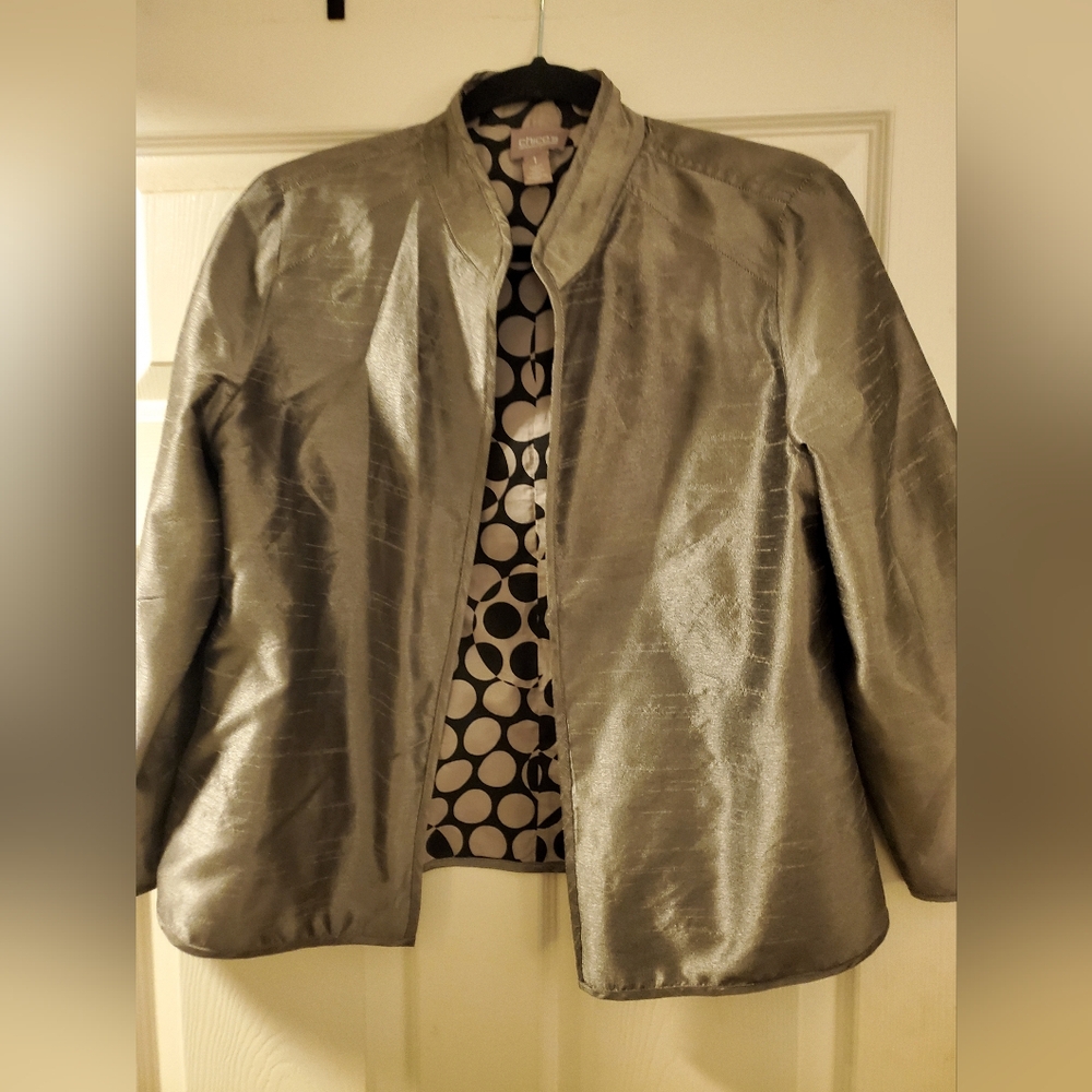 Chico's Taupe Blazer with Mandarin Neckline and Metallic Sheen